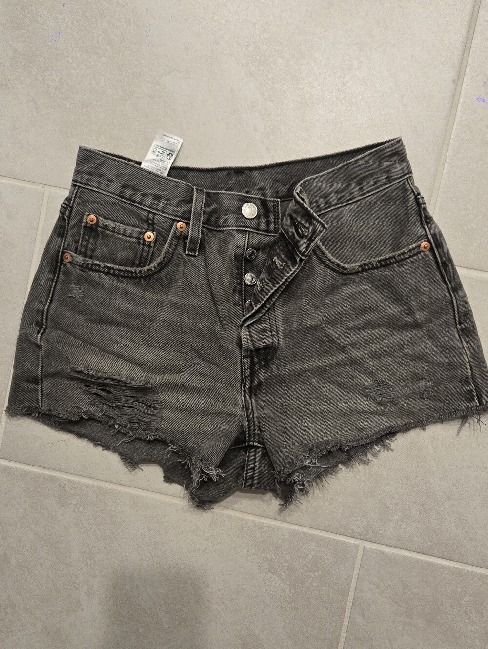 Levi's Faded Black Distressed High-Rise Denim Shorts - Size 28